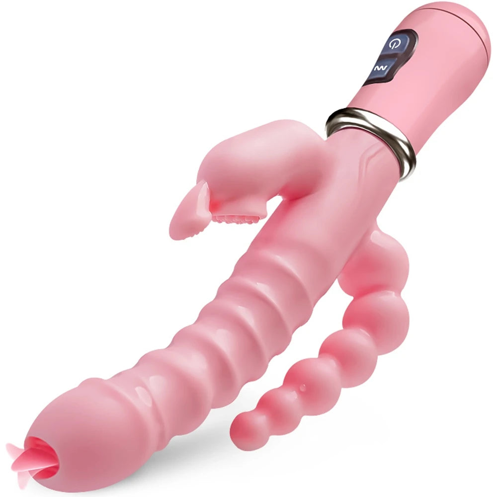 3 In 1 Dildo Rabbit Vibrator Clitoris G-Spot Rechargeable Anal Clit Vibrator Tongue Licking Double Rod Masturbation Stick