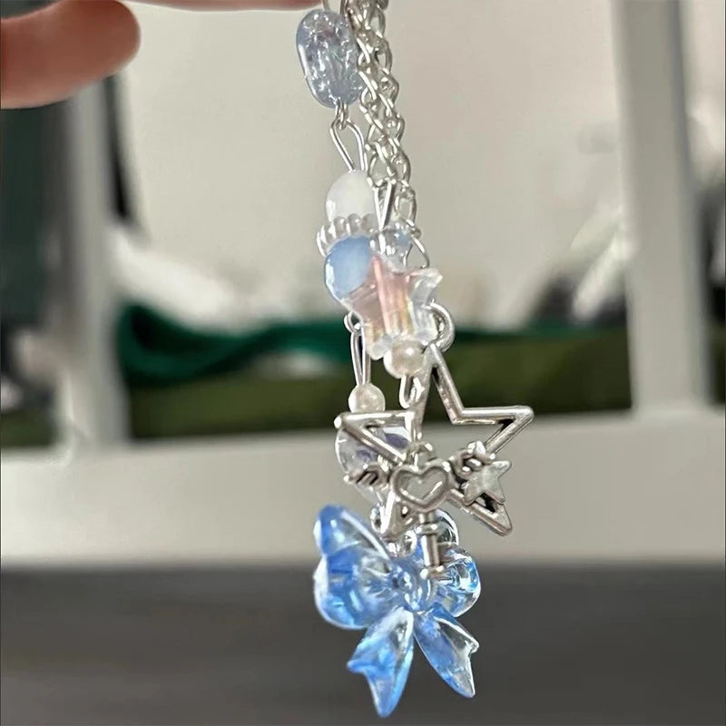Y2K Bow Star Wing Couple Keychain Cute Blue Bowknot Heart Pendant Key Chain Purple Butterfly Beaded  Phone Charm Bag Keyring
