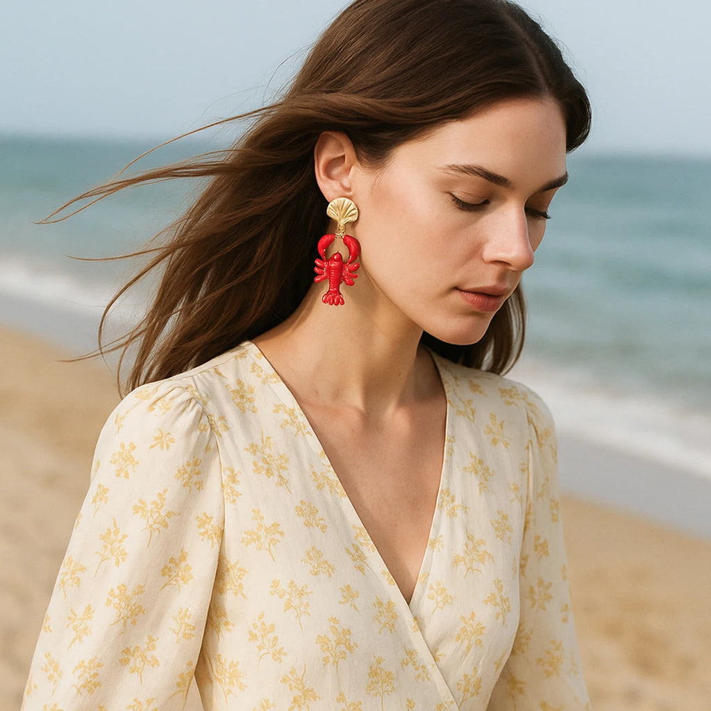 2025 Exaggerated Lobster Seashell Drop Earrings Bohemian Summer Beach Ocean Style Animal Colorful Crab Lobster Holiday Earring