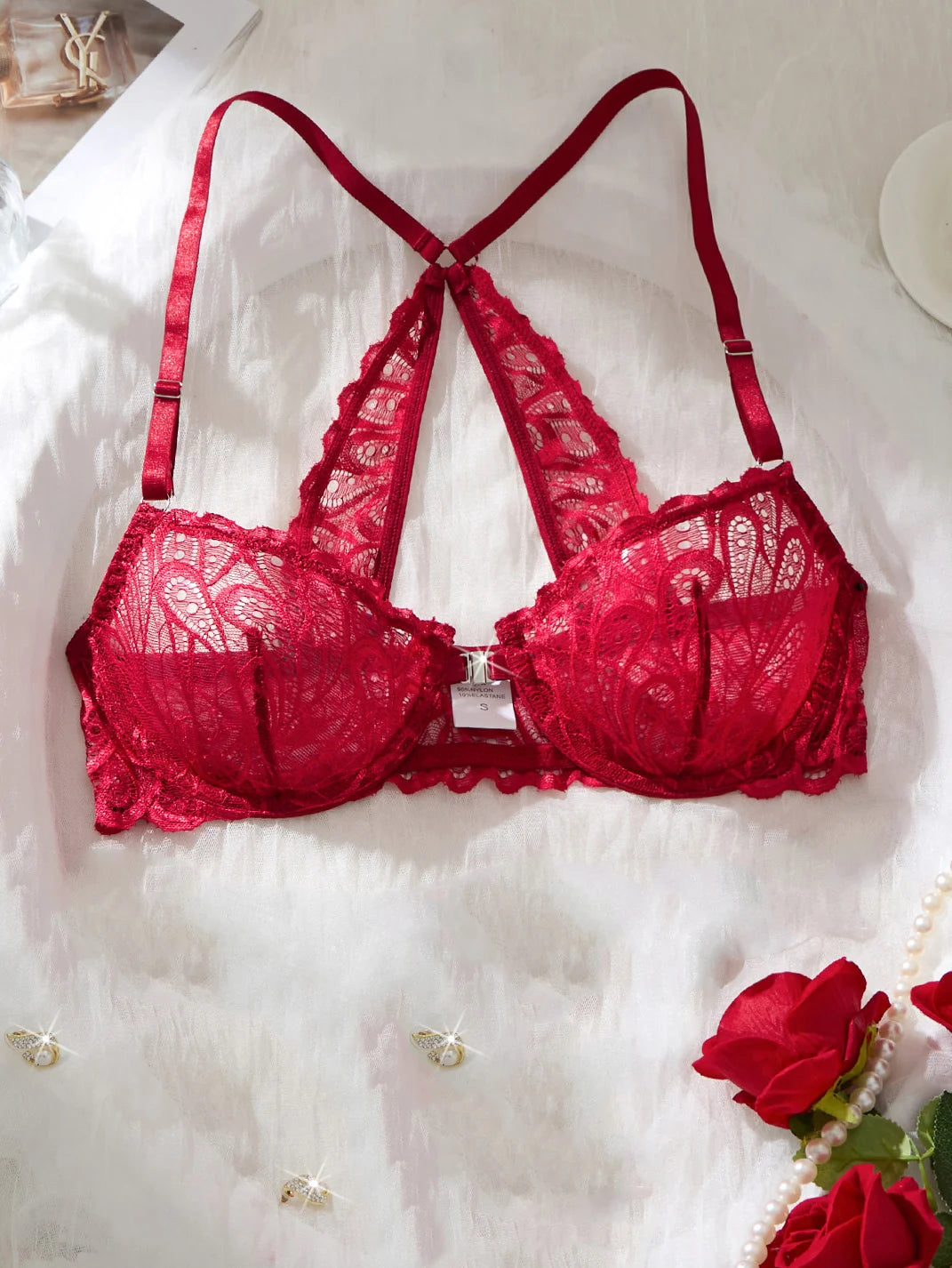 Wine Red Front-Closure Lace Bra