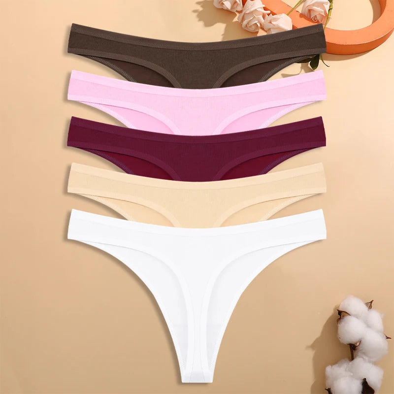 5PCS/Set Women Cotton Thongs Seamless Low Rise Underwear Sexy V-Waist Breathable T-Back Solid Color Girls Comfortable Lingerie