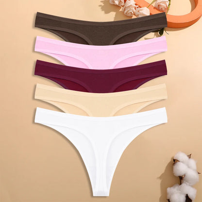 5PCS/Set Women Cotton Thongs Seamless Low Rise Underwear Sexy V-Waist Breathable T-Back Solid Color Girls Comfortable Lingerie