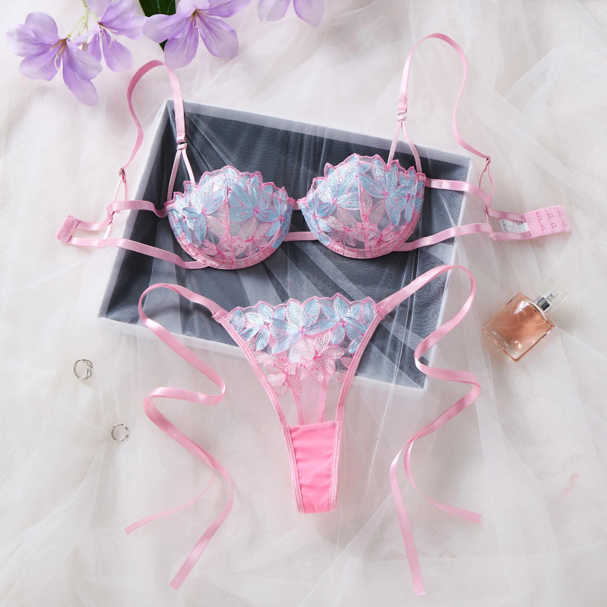 Pink & Blue Floral Embroidered Bra & Thong Set