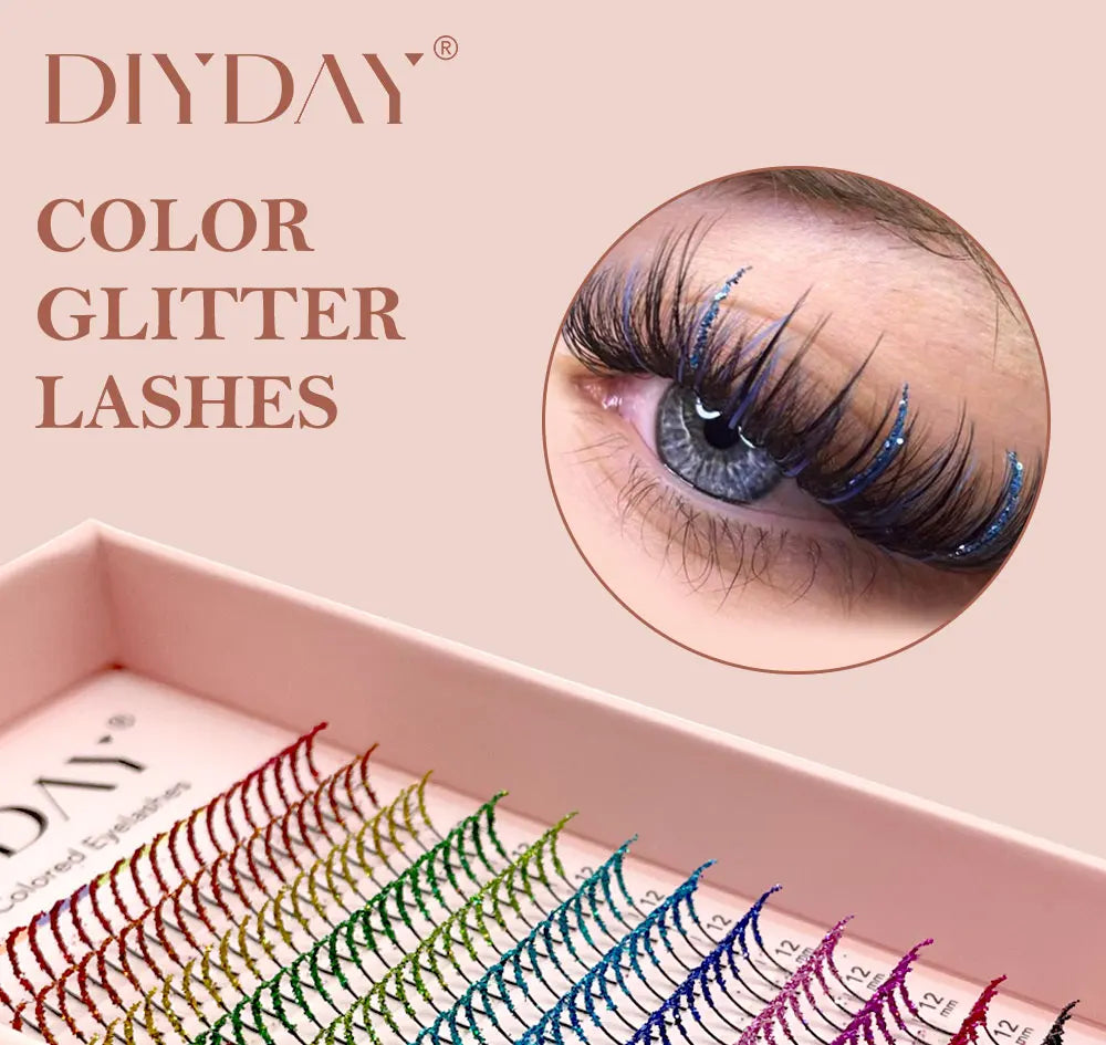 DIYDAY Mixed Glitter Colored Eyelashes Individual Premade Russian Volume Fans Glitter Lashes Extension Wholesale for Makeup