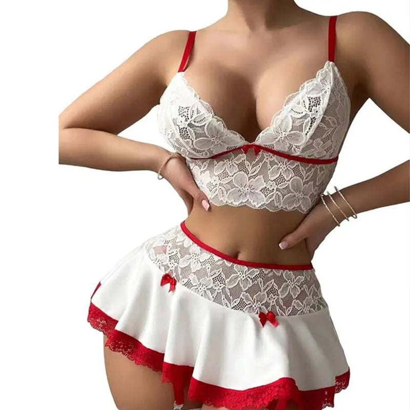 Hot Cosplay Uniform Open Bra Fantasy Miniskirt Nightwear Garter Bra Sets Sexy Costumes Women's Outfit Lingеrie Set
