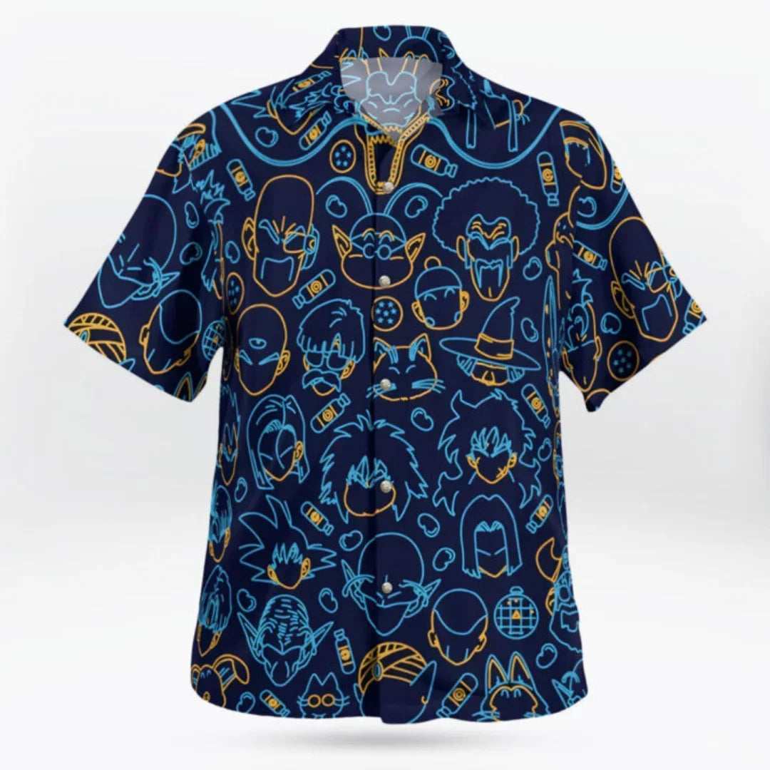 Summer Men's Short Sleeved Shirt with Dragon Ball Portrait Print, Breathable and Sweat Wicking Vacation Shirt