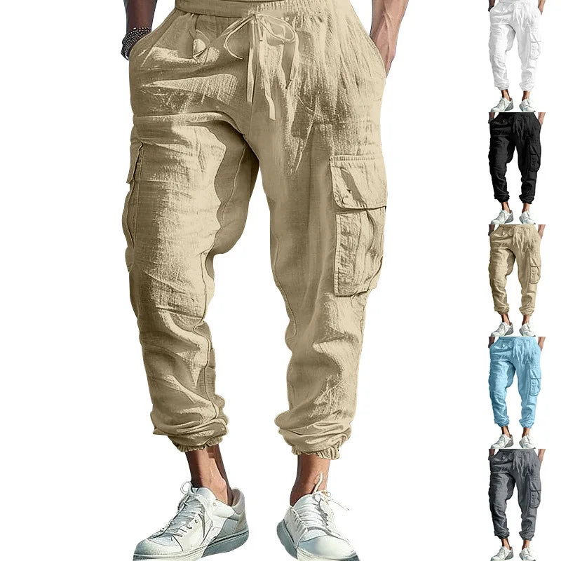 Amazon Cross-Border Cotton and Linen Tied Feet Multi-Pocket Tether Solid Color Loose Drawstring Trousers