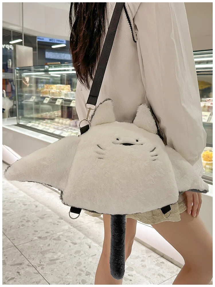 Creative Manta Ray Plush Backpacks Cute Fluffy Cartoon Animal Shoulder Crossbody Bag Casual Plushie Schoolbag Women Kawaii Gifts