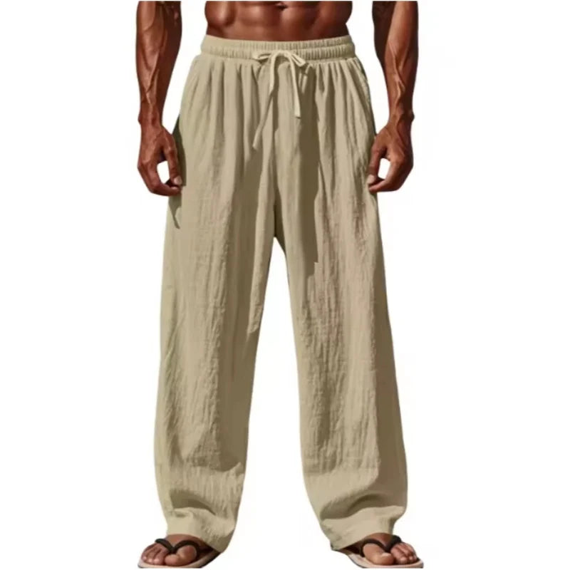 Men's Casual Pants Daily Wear Solid Summer Full Length Soft Linen Pants Mid Waist Pocket Drawstring Trousers Streetwear Bottoms