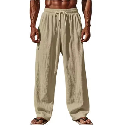 Men's Casual Pants Daily Wear Solid Summer Full Length Soft Linen Pants Mid Waist Pocket Drawstring Trousers Streetwear Bottoms