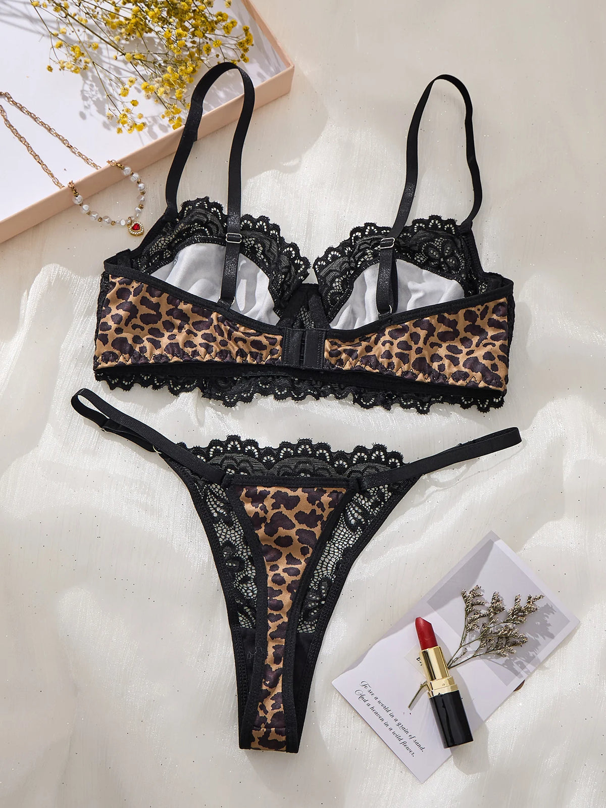 Black Leopard Lace Bra & Thong Set