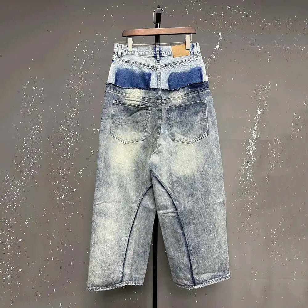 PFNW Niche Colorblock Patchwork Wide Leg Blue Jeans Men's Spring 2025 New Straight Double Waist Design Denim Trousers 28W6048