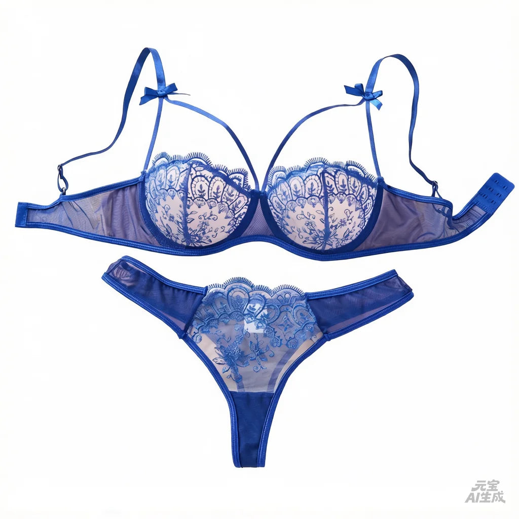 Royal Blue Floral Lace Bra & Thong Set