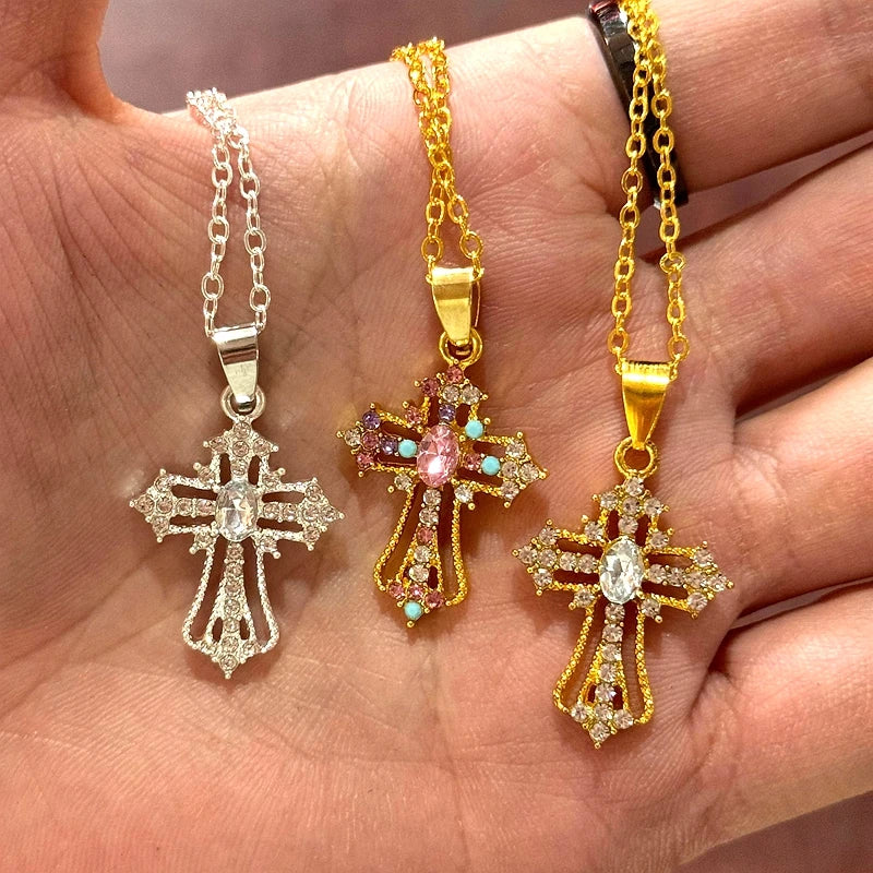 Gothic Pink Cross Necklace Y2K Purple Zircon Punk Pendant Necklace Grunge Heart Cross Necklace for Women Jewelry Accessories