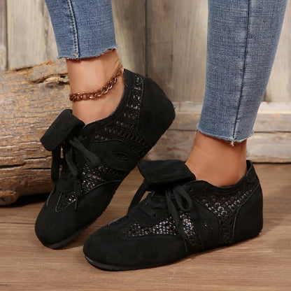 Women'sVintage Layered Hollow Breathable Soft-Soled German Training Shoes,Flat Lace-Up Sports Casual Shoes,Adidas-Style Sneakers
