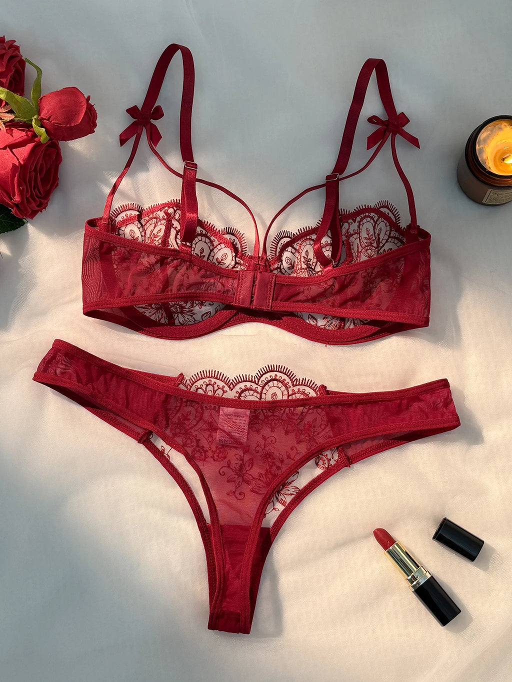 Red Floral Lace Bra & Thong Set