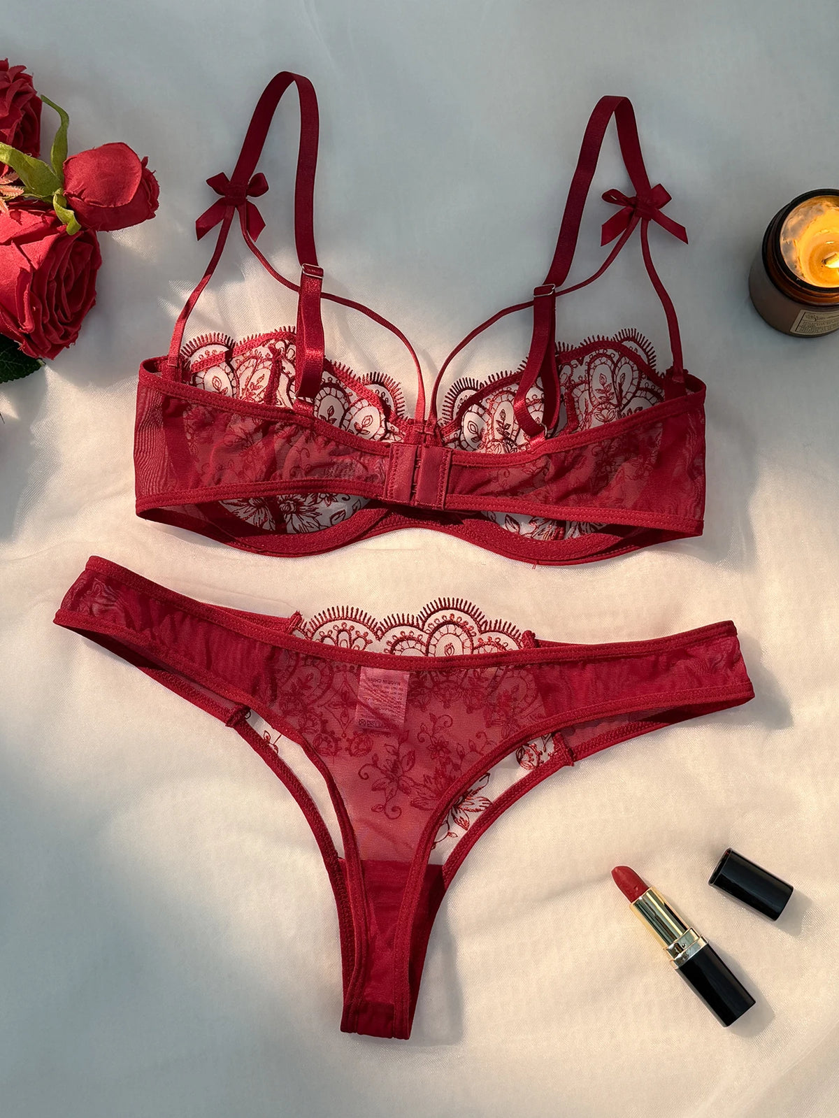 Red Floral Lace Bra & Thong Set