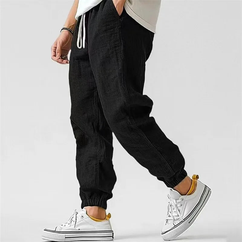 Men's Casual Pants Daily Wear Solid Summer Full Length Soft Linen Pants Mid Waist Pocket Drawstring Trousers Streetwear Bottoms