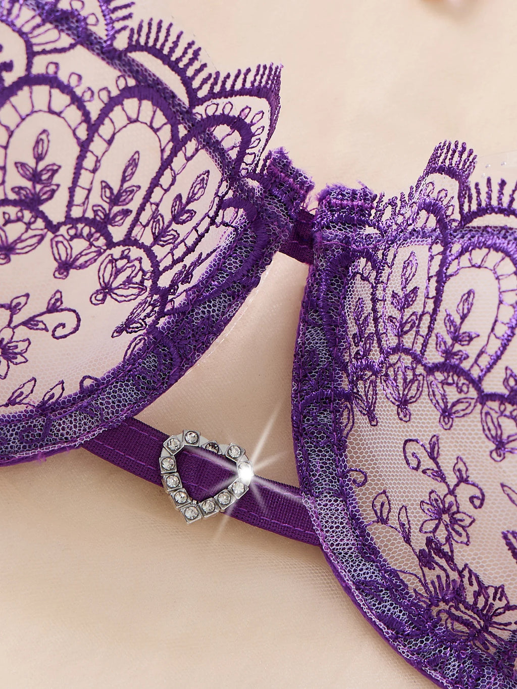 Purple Floral Embroidered Bra & Tie-Side Thong Set