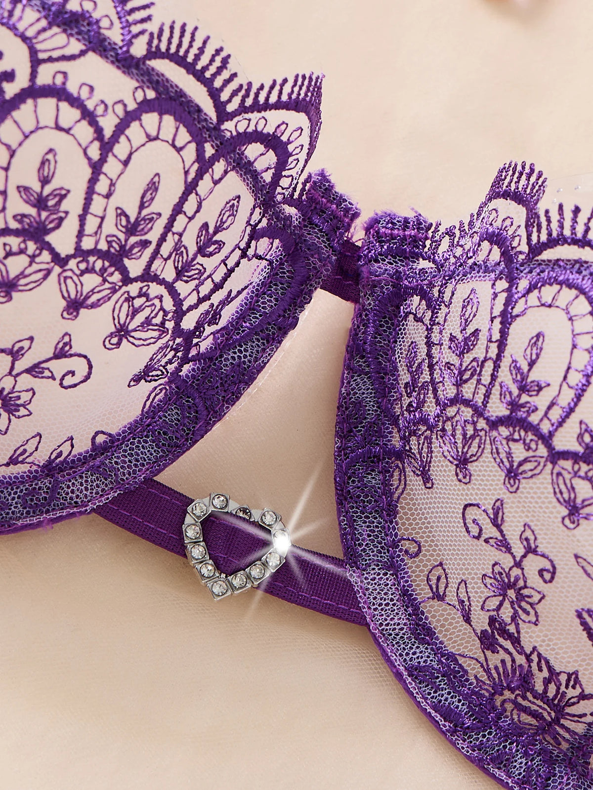 Purple Floral Embroidered Bra & Tie-Side Thong Set