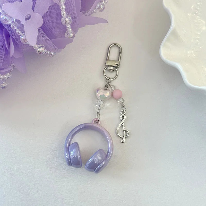 Y2K Pink Purple Gradient Color Music Earphone Beaded Keychain Creative Mini Headset Pendant Keyring Paired Lanyard Key Chain