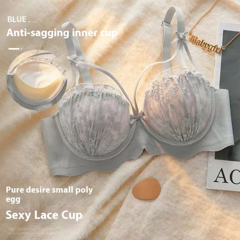 Japanese Pure Desire Wind Sexy Bra Set Small Breasts Gathered Underwear Without Steel Ring French Lace Bra Set