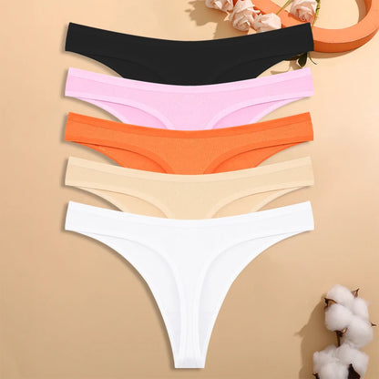 5PCS/Set Women Cotton Thongs Seamless Low Rise Underwear Sexy V-Waist Breathable T-Back Solid Color Girls Comfortable Lingerie