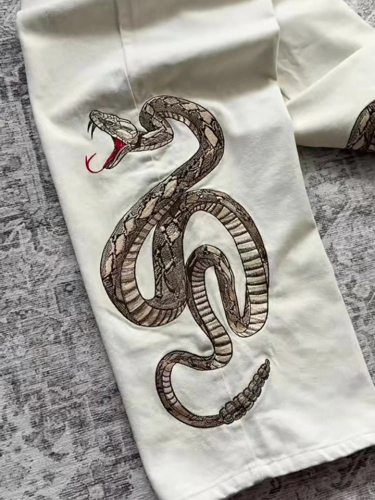 Streetwear Retro Snake Jeans Boa Embroidery Graphic Python Print Pocket Denim Pants Y2K Trend Unisex Baggy Straight Leg Pants