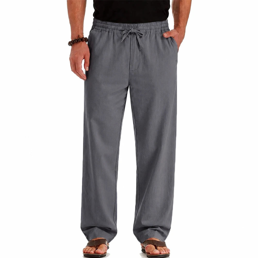 Men's Spring Summer New Cotton Linen Long Pants Vacation Hawaii Casual Trouser Straight Leg Lightweight Sweatpants