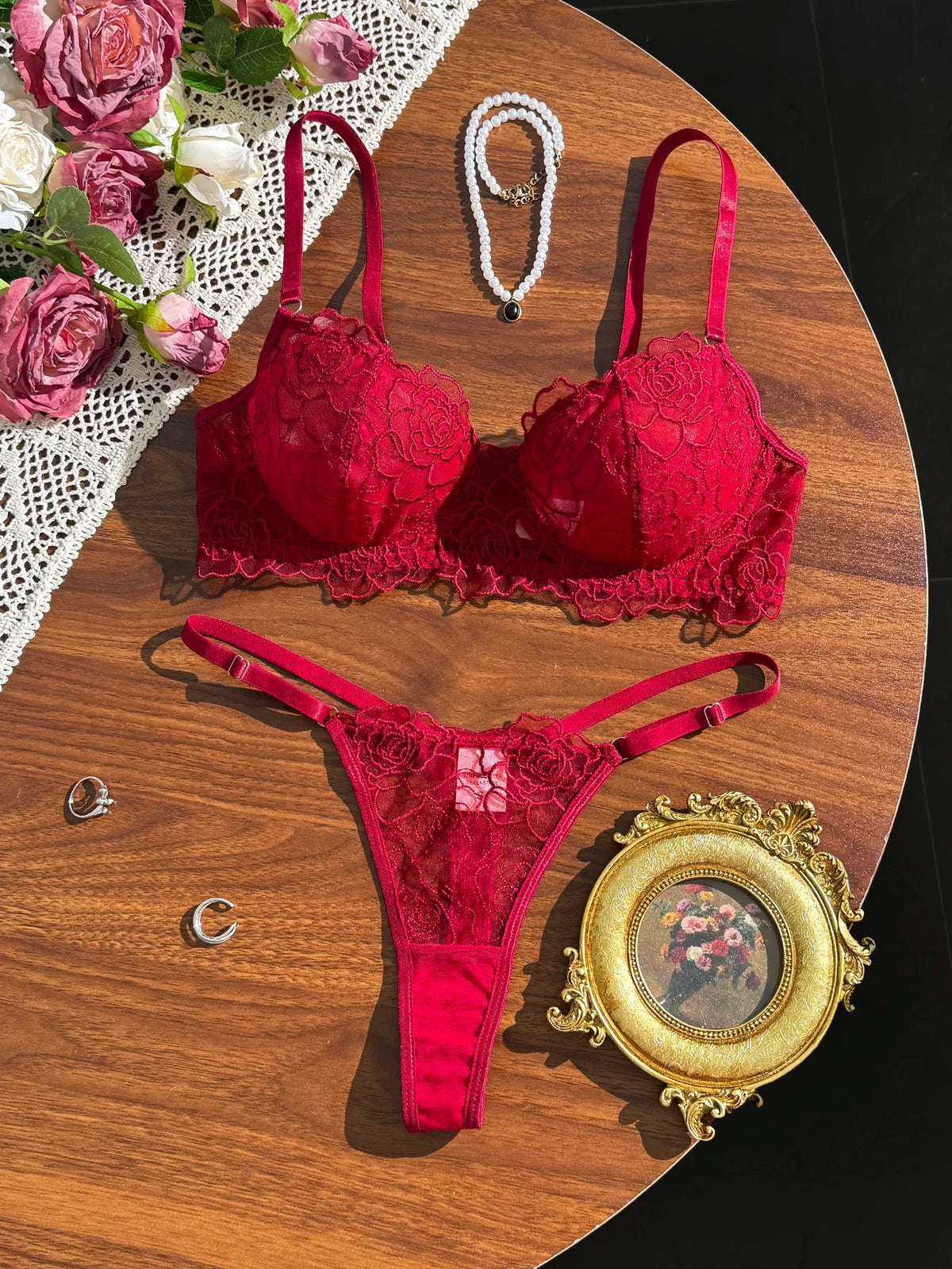 Women's Red Lace Embroidered Bra & Panty Set
