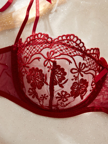 Women's Sheer Floral Embroidered Lingerie Set