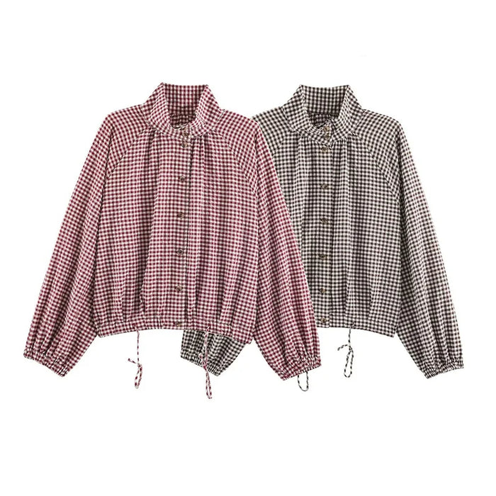 Guobioziy Women's Jacket 2026 Autumn New Plaid Long-Sleeve Drawstring Loose Jacket Parka Casual Fashion Versatile