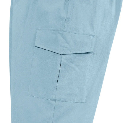 Amazon Cross-Border Cotton and Linen Tied Feet Multi-Pocket Tether Solid Color Loose Drawstring Trousers