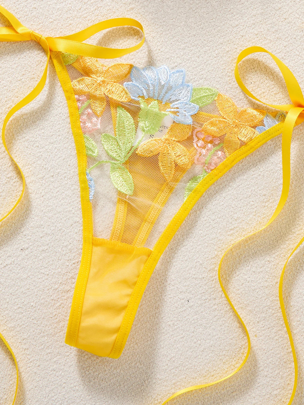 Yellow Floral Embroidered Bra & Tie-Side Thong Set