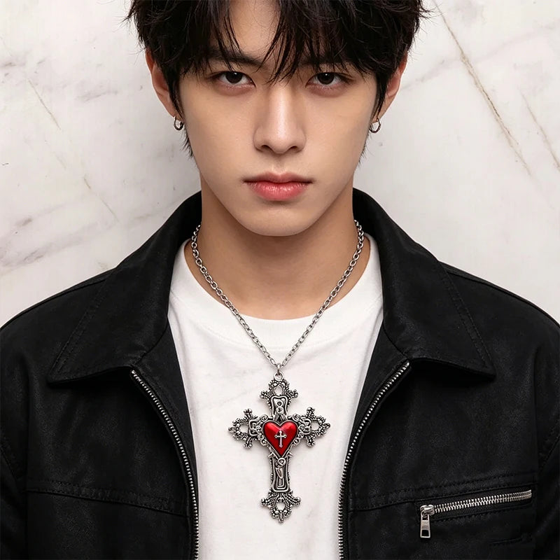 Y2K Gothic Big Cross Necklace Pink Black Red Heart Irregular Goth Large Cross Pendant Necklaces for Men Women Couple Jewelry