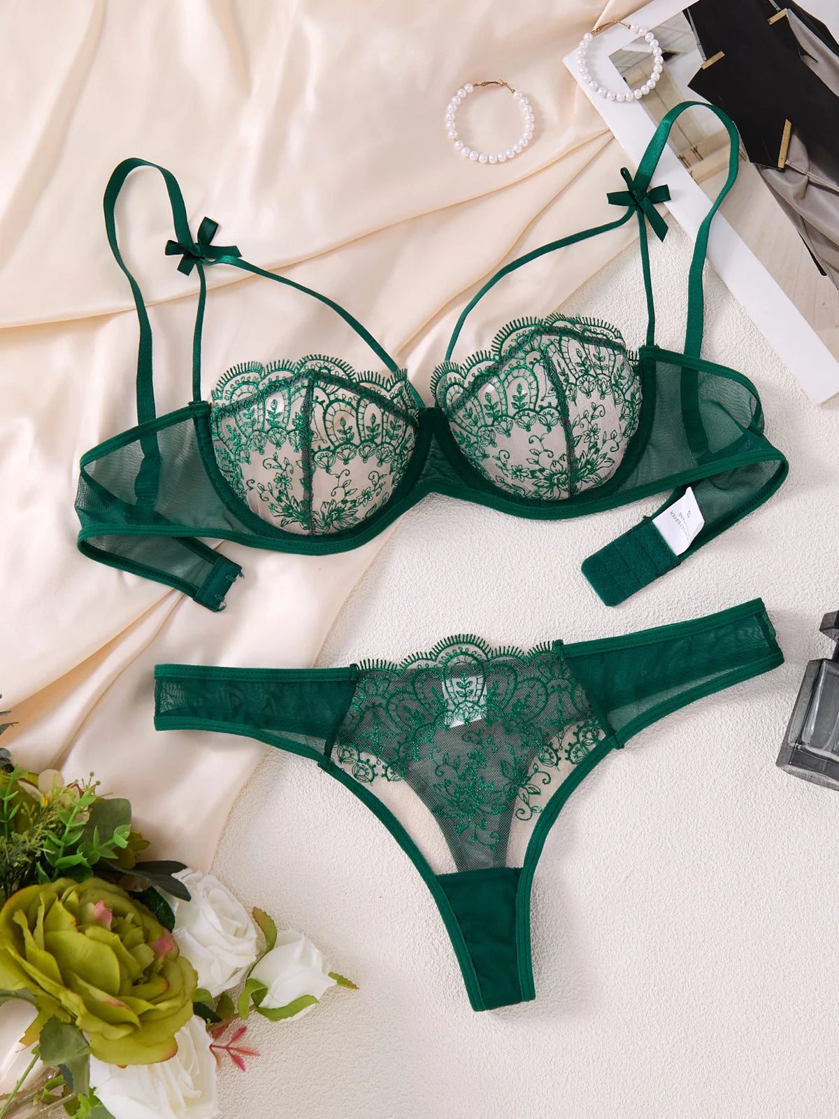 Green Floral Lace Bra & Thong Set
