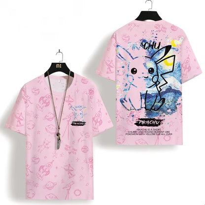 Hot Sale Bandai 2026 Anime Summer Pikachu Cartoon Printed Quick Drying Breathable Comfortable Parent Child Short Sleeve T-shirt