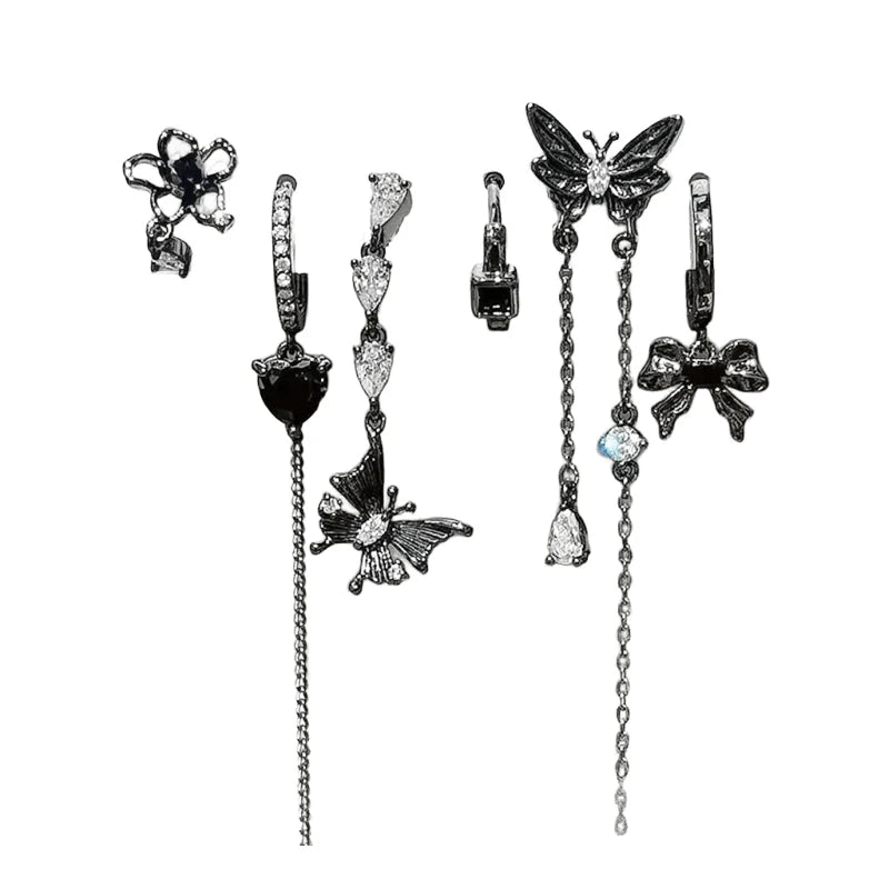 6Pcs Y2K Dark Red Zircon Star Moon Earring Set Gothic Black Butterfly Bow Tassel Earrings Set Kpop Heart Cross Star Earring Sets