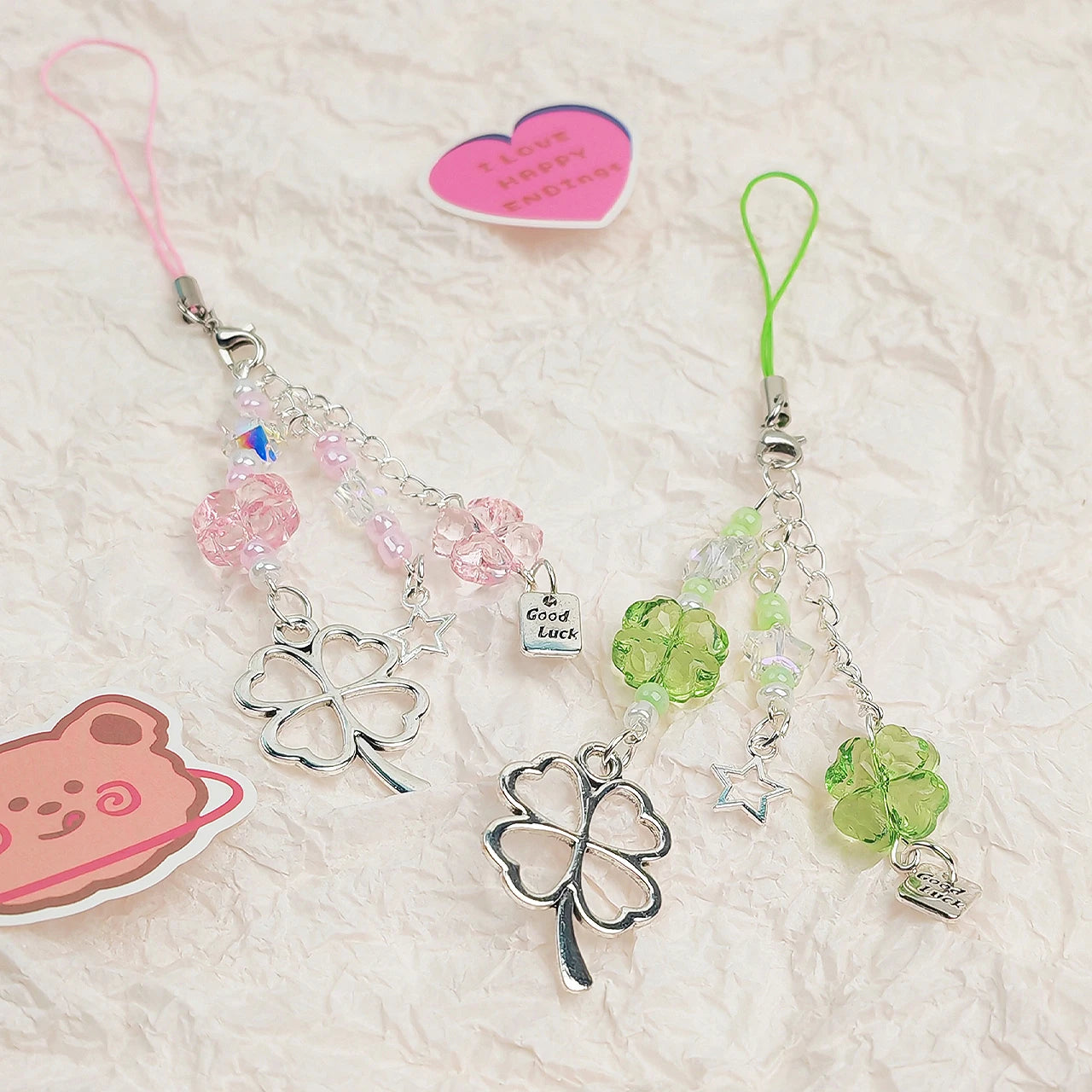Y2K Lucky Four Leaves Clover Heart Key Ring Green Leaf Star Key Chain Cases for Phone Camera Korean Cute Beaded Couple Keychain