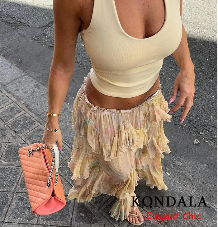 KONDALA Women Elegant Hippie Skirt Gradient Print Tiered Ruffled Long Skirts 2026 Summer Holiday High Street Boho Lady Skirts