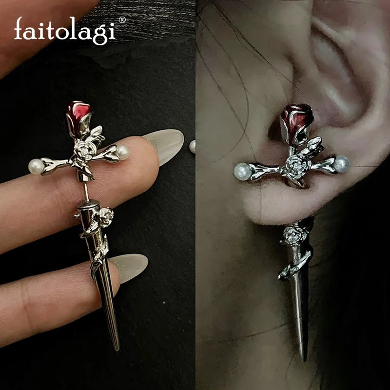 Gothic Red Rose Flower Cross Piercing Earrings Harajuku Kpop Dark Thorn Rose Stud Earring Grunge Girl Cross Sword Jewelry Party