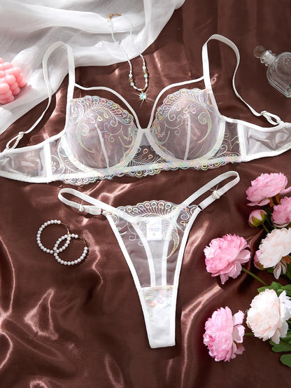 Women's White Peacock Embroidered Bra & Panty Set