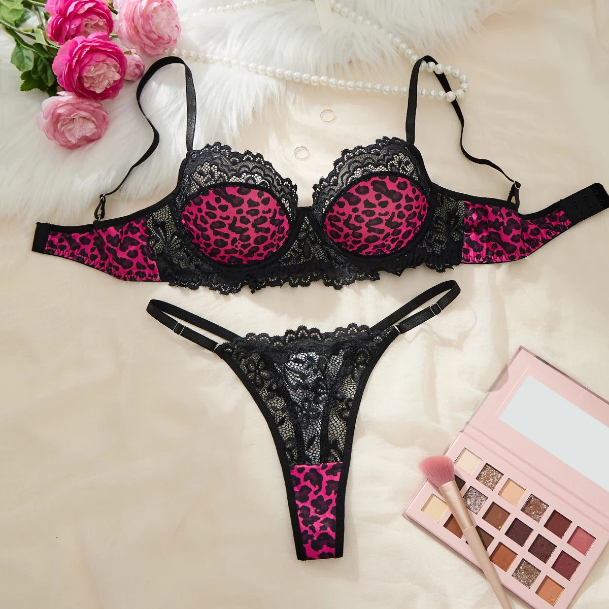Hot Pink Leopard Lace Bra & Thong Set