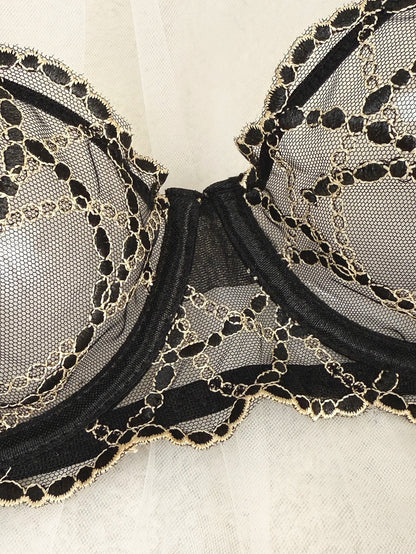 Women's Black Lace Gold-Chain Bra & G-String Set