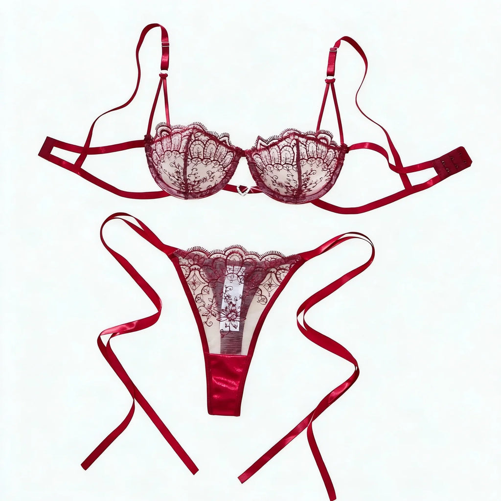 Wine Red Floral Embroidered Bra & Tie-Side Thong Set
