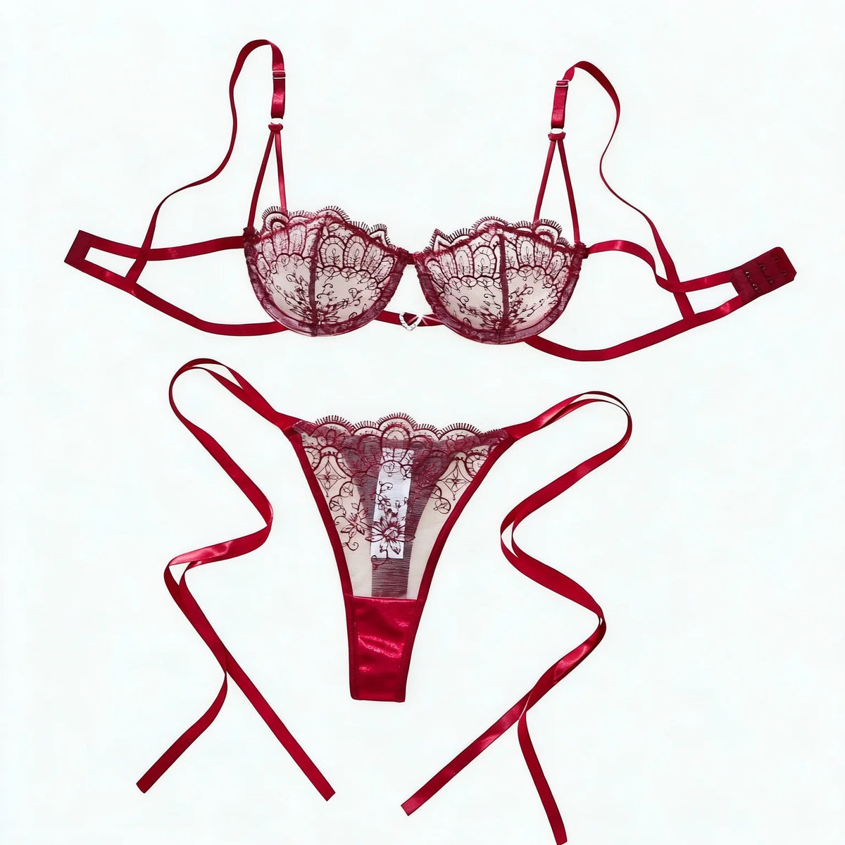 Wine Red Floral Embroidered Bra & Tie-Side Thong Set