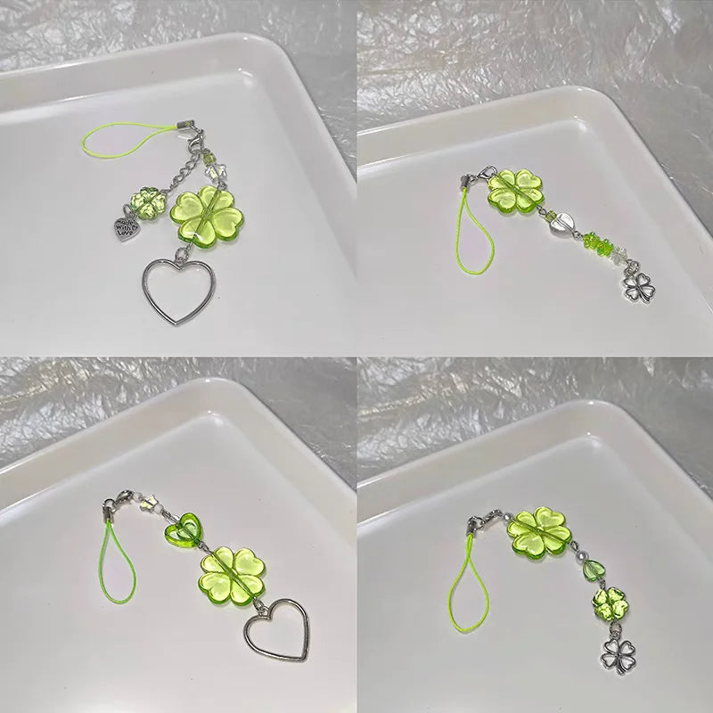 Y2K Lucky Four Leaves Clover Heart Key Ring Green Leaf Star Key Chain Cases for Phone Camera Korean Cute Beaded Couple Keychain