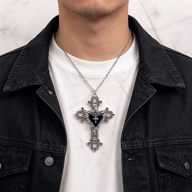 Y2K Gothic Big Cross Necklace Pink Black Red Heart Irregular Goth Large Cross Pendant Necklaces for Men Women Couple Jewelry