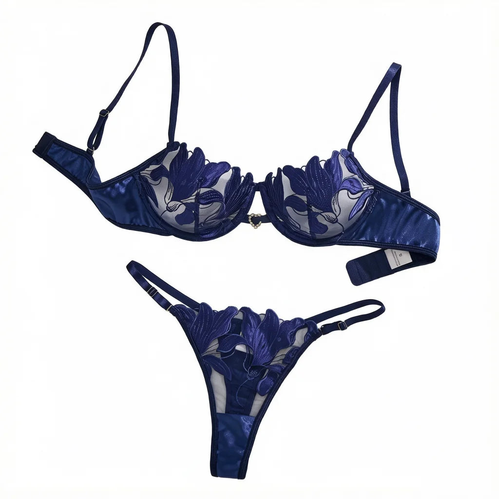Navy Blue Floral Embroidered Bra & Thong Set