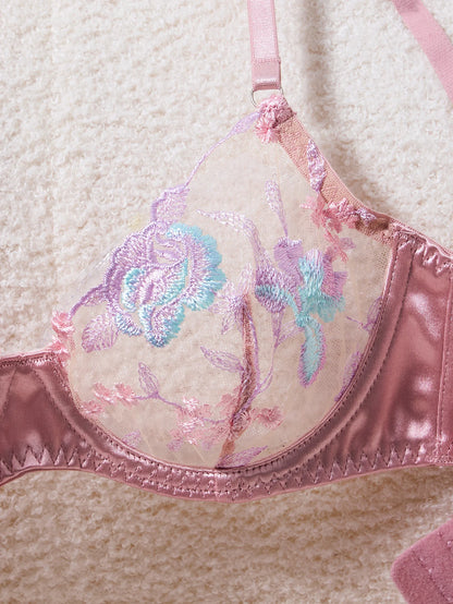 Women's Pink Satin Embroidered 3-Piece Lingerie Set